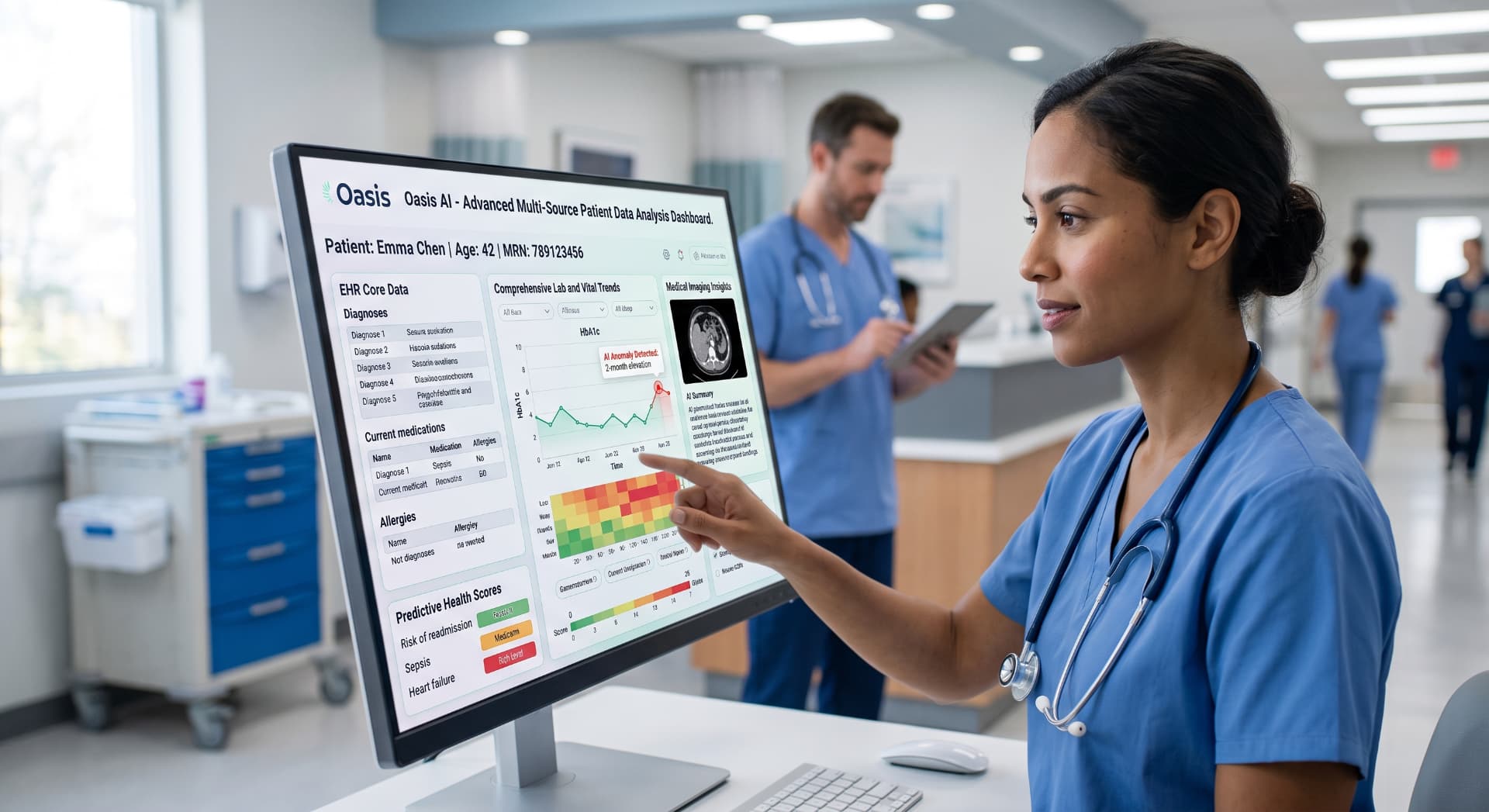 Oasis AI clinical dashboard showing multi-source patient data analysis