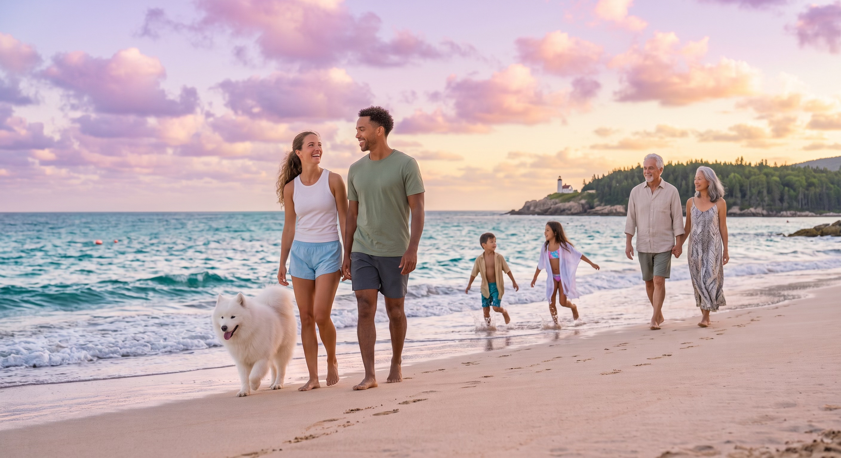 A multigenerational family walking together on a beach at sunset, representing longer, healthier lives through precision medicine