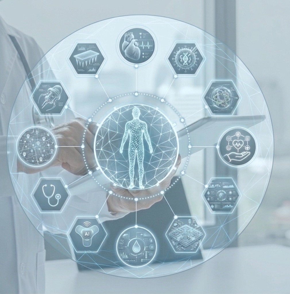 A clinician interacting with a holographic Molecular Twin™ ecosystem of connected health data icons